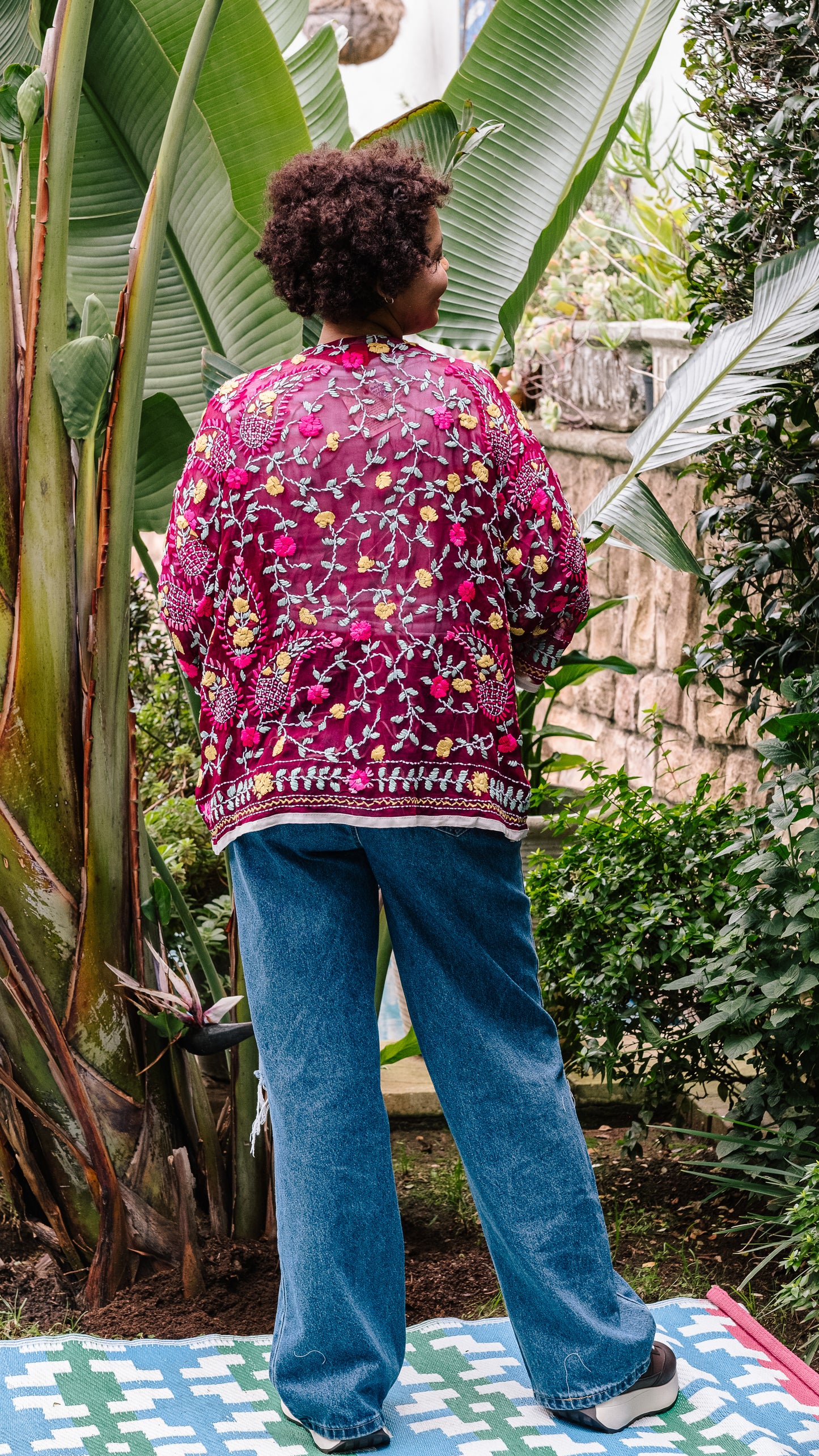 Phulkari Jacket Number 8 - Burgandy with White Trim, Hot Pink & Mustard Yellow Embroidered Blooms
