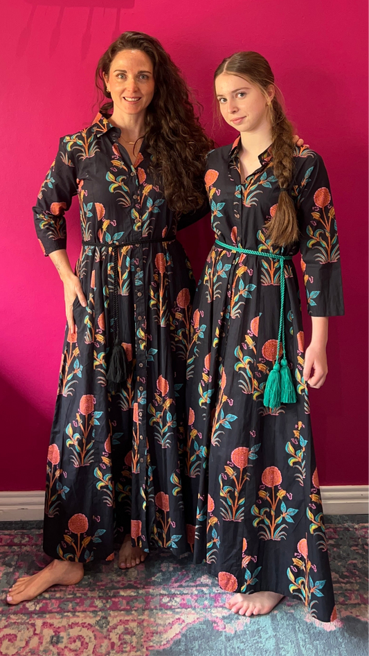 Sammy Joy Dress - Black with Coral & Teal Vine
