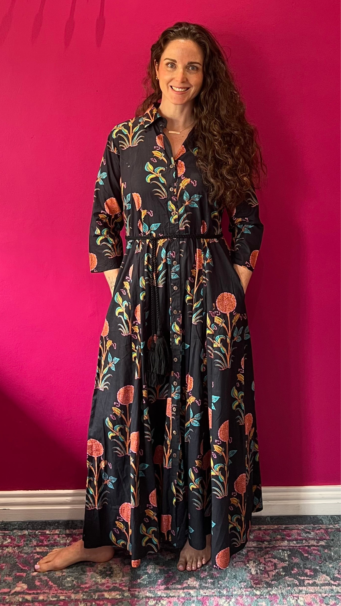Sammy Joy Dress - Black with Coral & Teal Vine