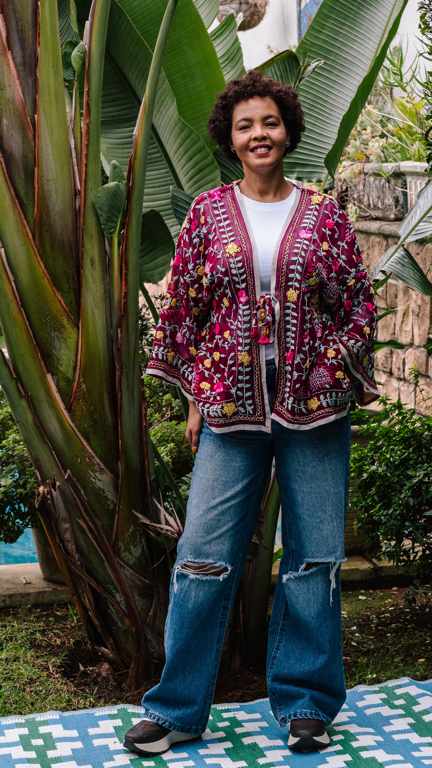Phulkari Jacket Number 8 - Burgandy with White Trim, Hot Pink & Mustard Yellow Embroidered Blooms