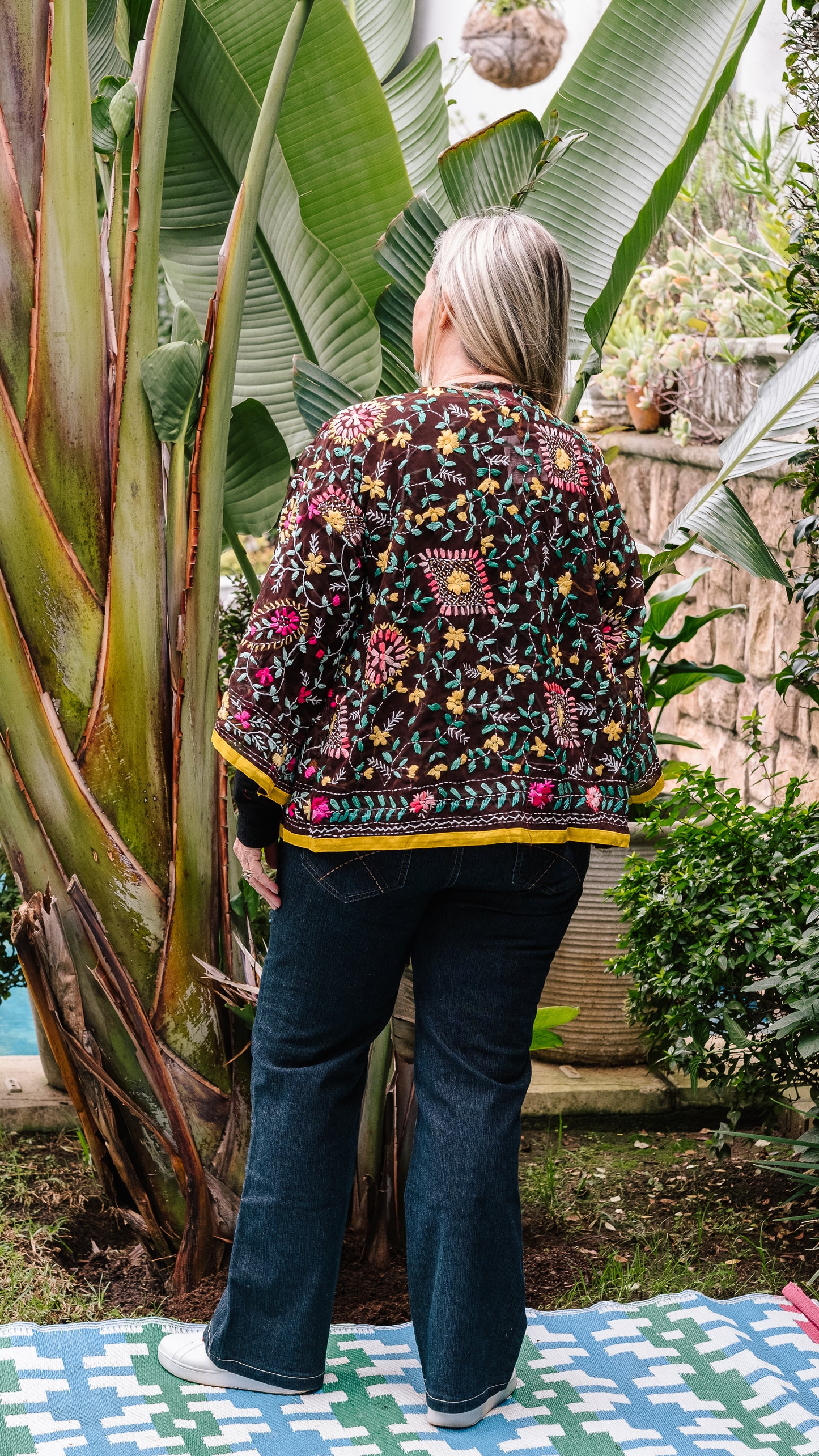 Phulkari Jacket Number 9 - Chocolate Brown with Yellow Mustard Trim, Hot Pink & Mustard Embroidered Blooms