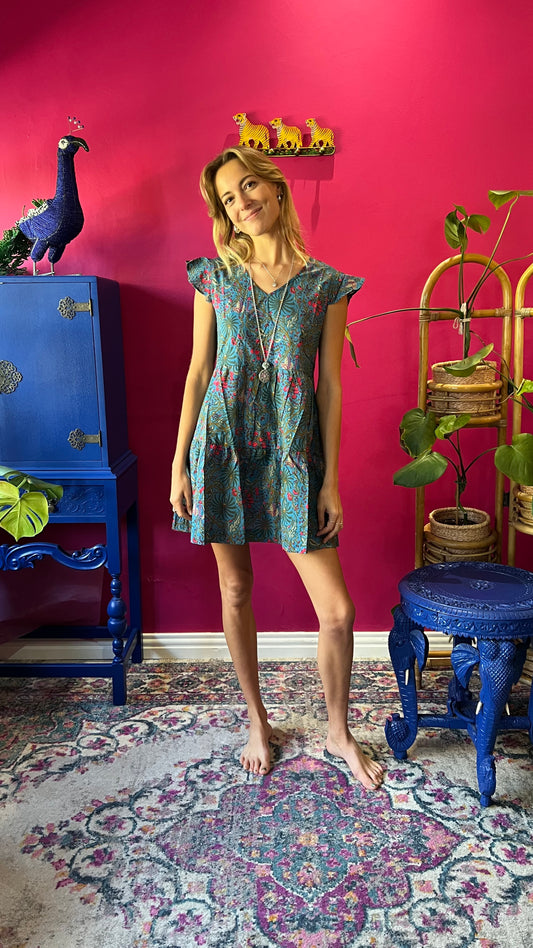 Sharon Short Tiered Dress - Teal Blue Foxy Floral