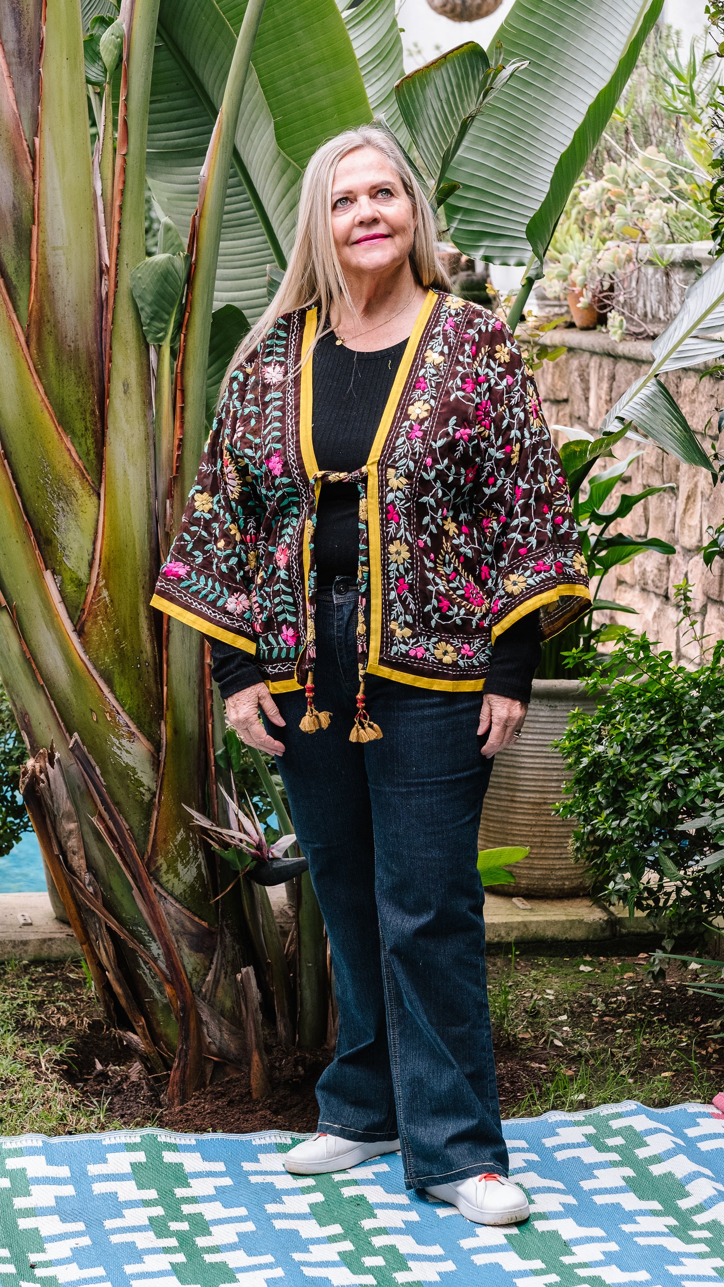 Phulkari Jacket Number 9 - Chocolate Brown with Yellow Mustard Trim, Hot Pink & Mustard Embroidered Blooms