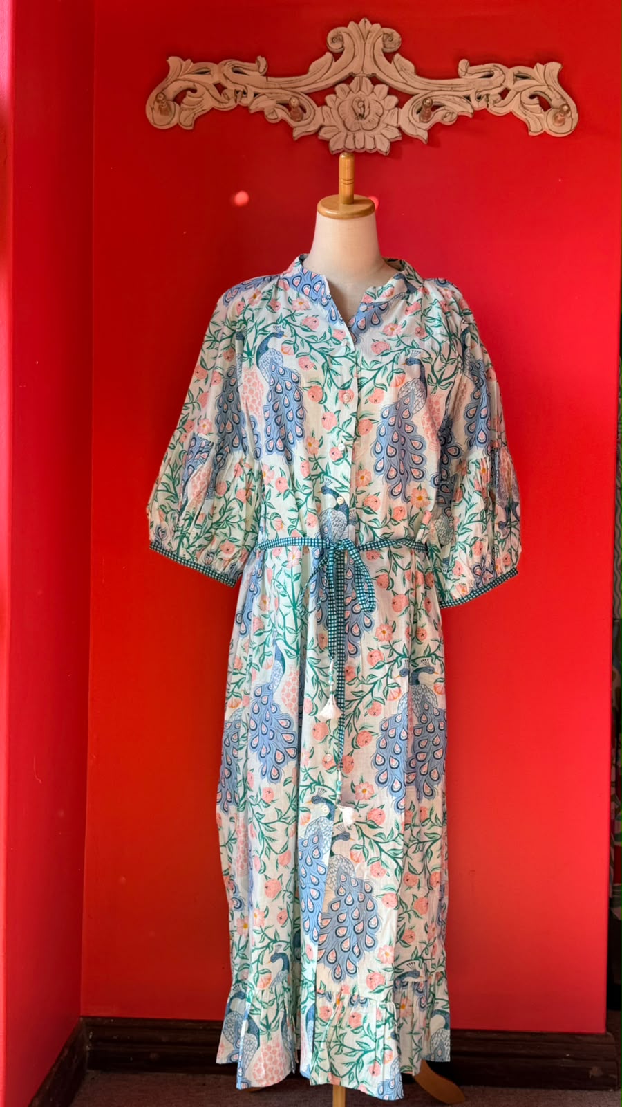 Charlie Grace - A Whimsical Botanical Peacock Print with A Light, Airy Feel, White with Periwinkle Blue and Soft Pink Blooms and Teal Leaves