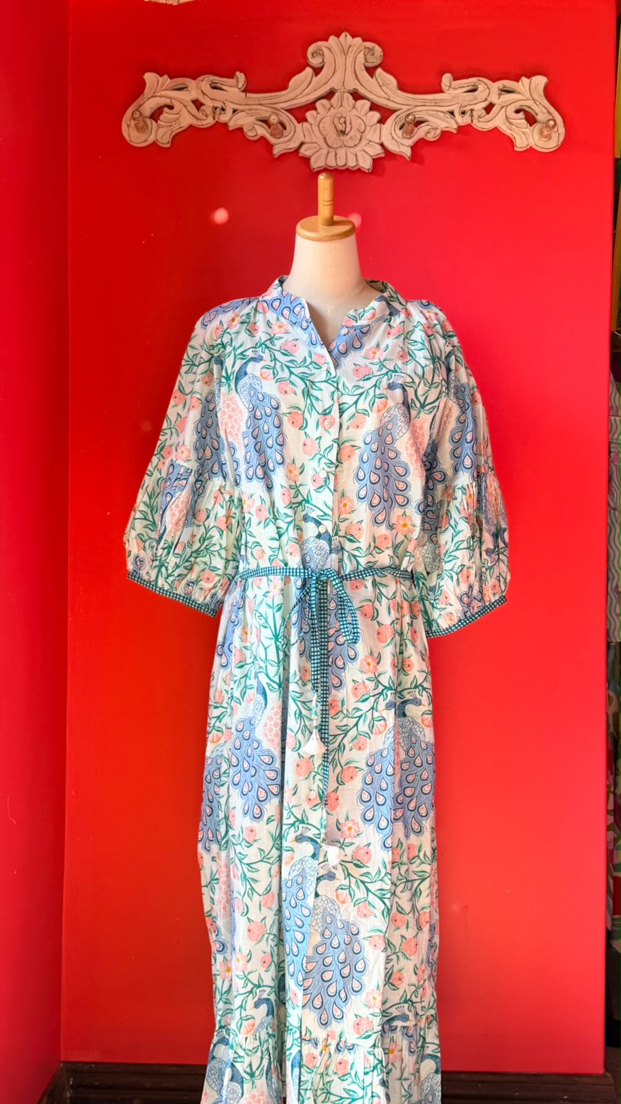 Charlie Grace - A Whimsical Botanical Peacock Print with A Light, Airy Feel, White with Periwinkle Blue and Soft Pink Blooms and Teal Leaves