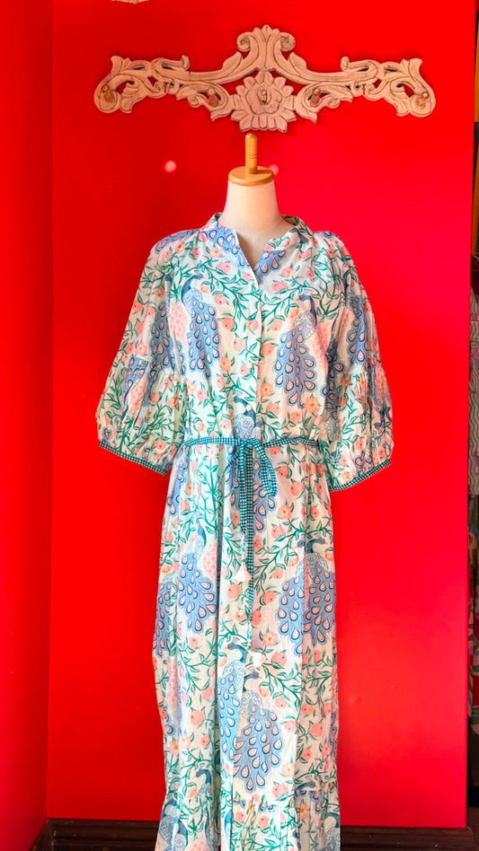 Charlie Grace - A Whimsical Botanical Peacock Print with A Light, Airy Feel, White with Periwinkle Blue and Soft Pink Blooms and Teal Leaves