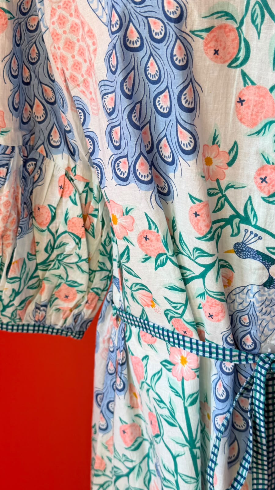 Charlie Grace - A Whimsical Botanical Peacock Print with A Light, Airy Feel, White with Periwinkle Blue and Soft Pink Blooms and Teal Leaves