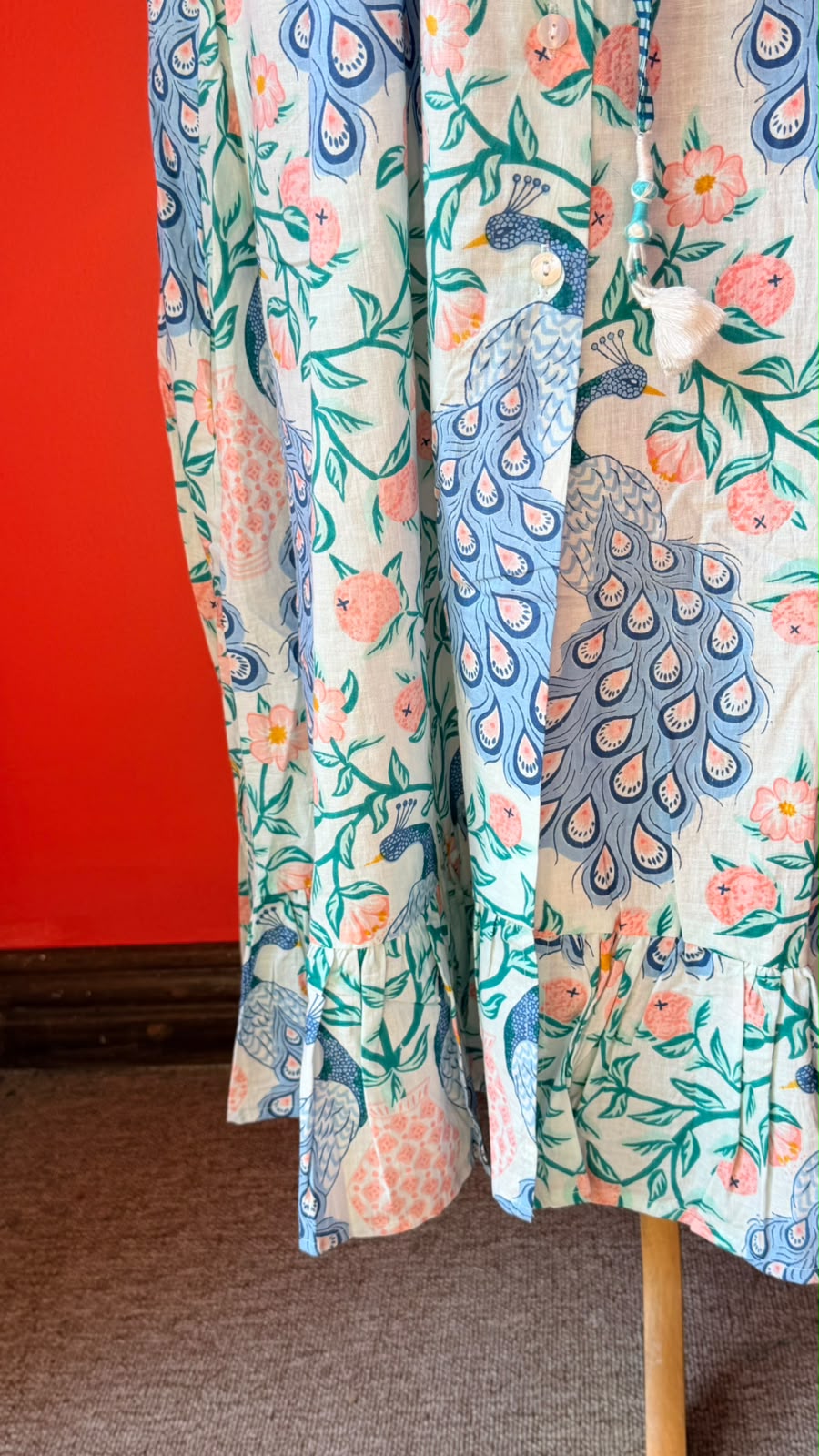 Charlie Grace - A Whimsical Botanical Peacock Print with A Light, Airy Feel, White with Periwinkle Blue and Soft Pink Blooms and Teal Leaves