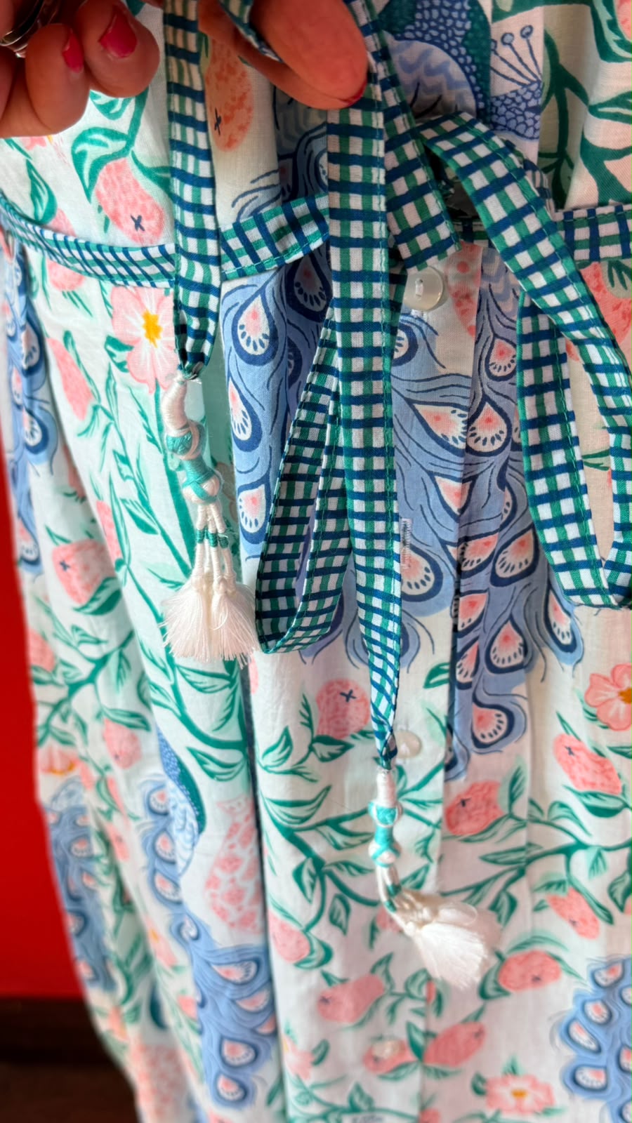 Charlie Grace - A Whimsical Botanical Peacock Print with A Light, Airy Feel, White with Periwinkle Blue and Soft Pink Blooms and Teal Leaves