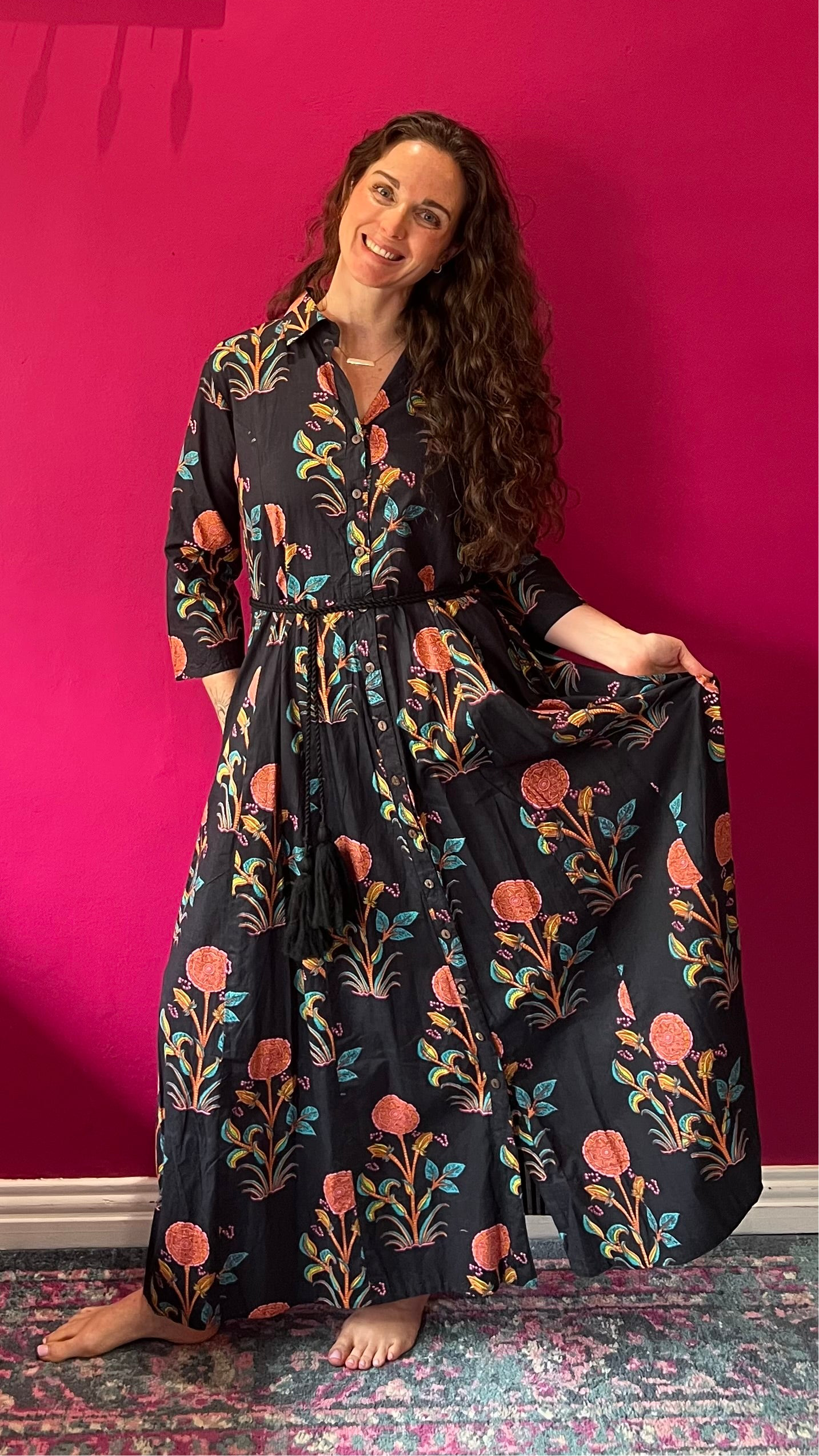 Sammy Joy Dress - Black with Coral & Teal Vine