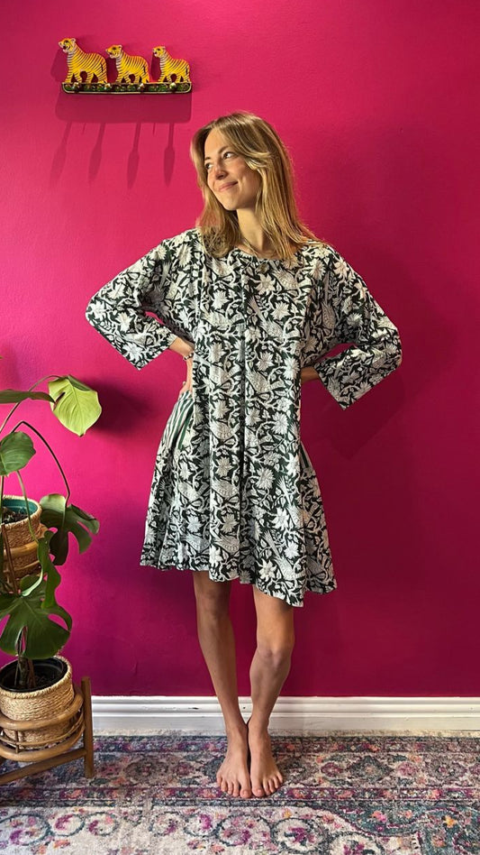 Babydoll Dress - Bottle Green Garden Bird