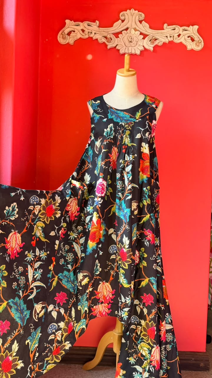 Bird Dress -  Black Background with Multi-Coloured bold Floral Print
