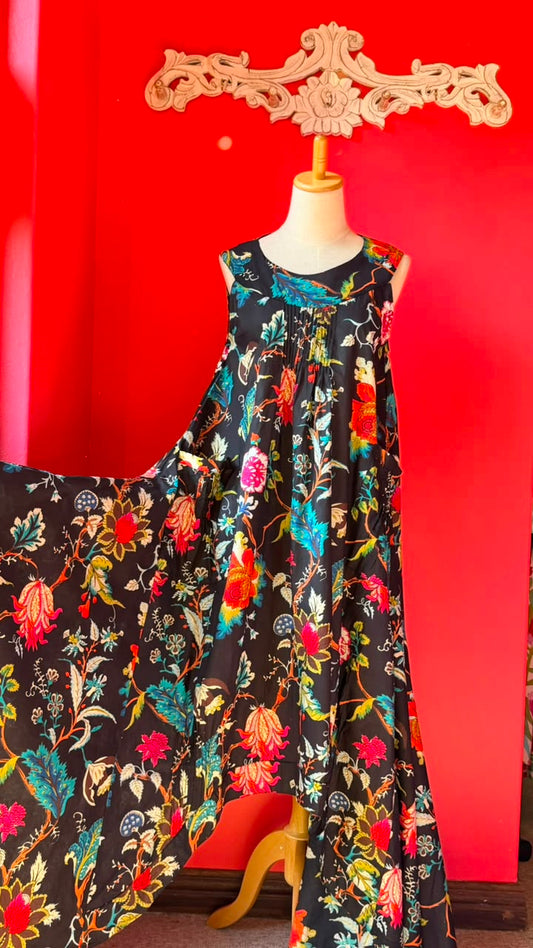 Bird Dress -  Black Background with Multi-Coloured bold Floral Print