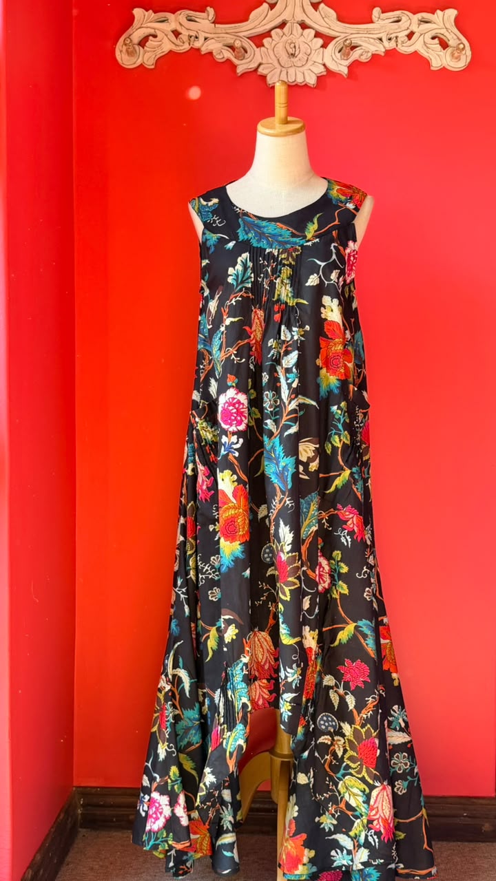 Bird Dress -  Black Background with Multi-Coloured bold Floral Print