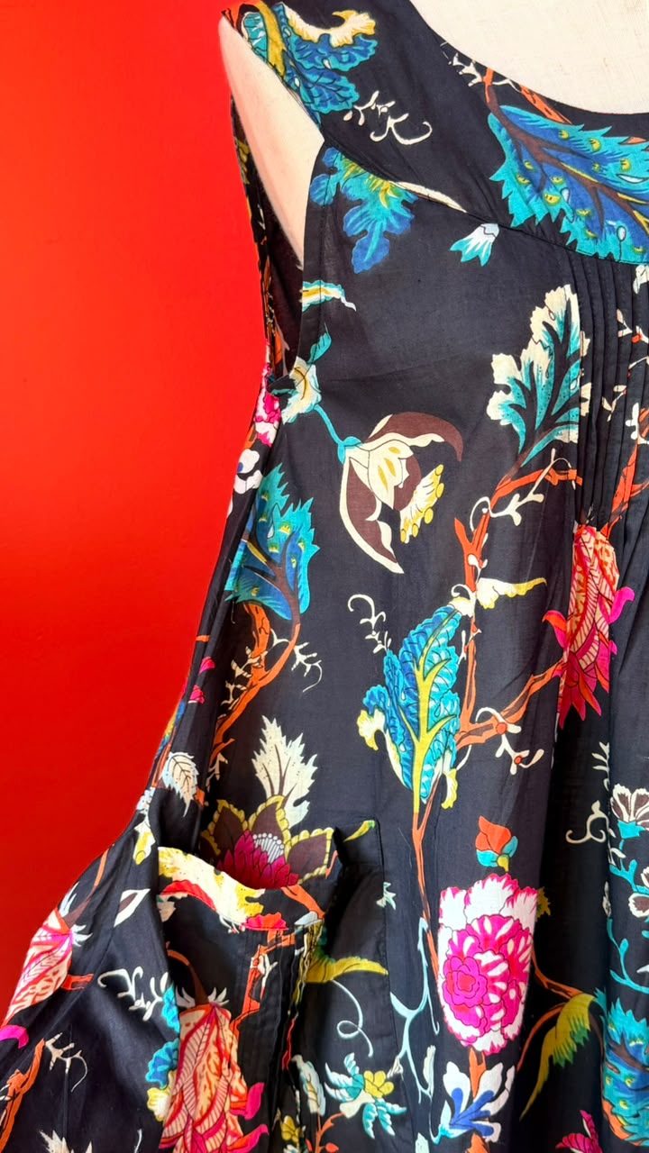 Bird Dress -  Black Background with Multi-Coloured bold Floral Print