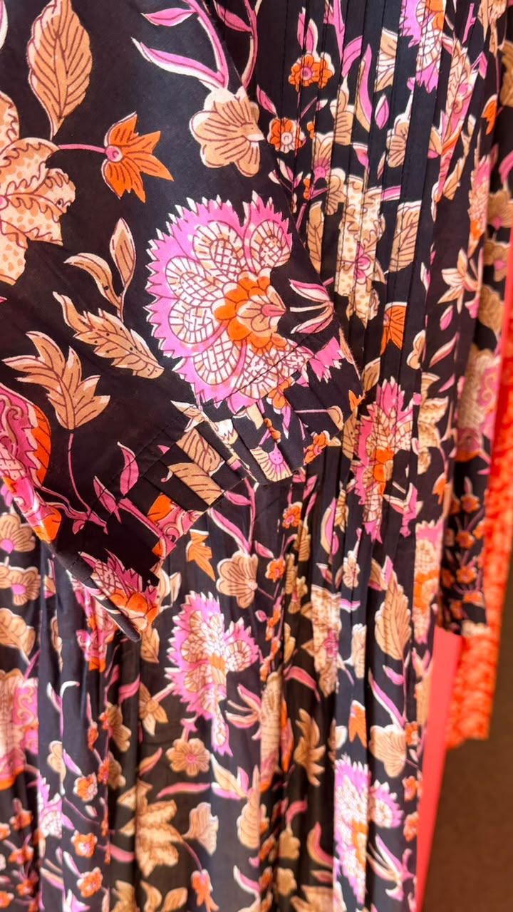 Sarah Lee Pleated Dress - Black Base with Dense Multi-Coloured Floral Print