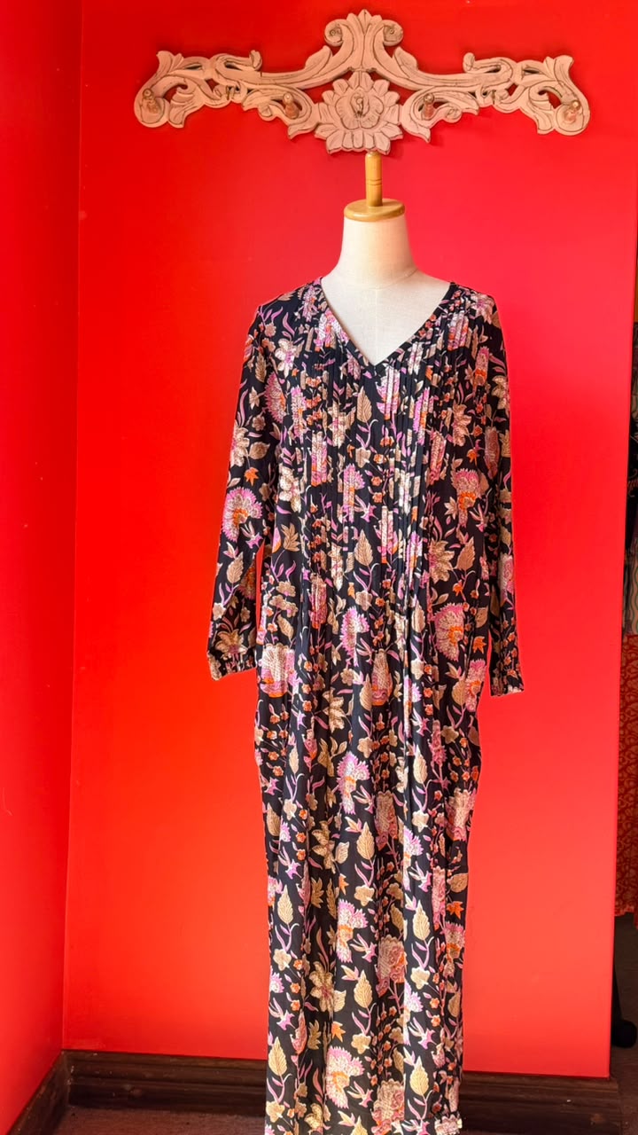Sarah Lee Pleated Dress - Black Base with Dense Multi-Coloured Floral Print