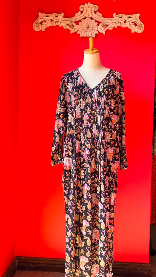 Sarah Lee Pleated Dress - Black Base with Dense Multi-Coloured Floral Print