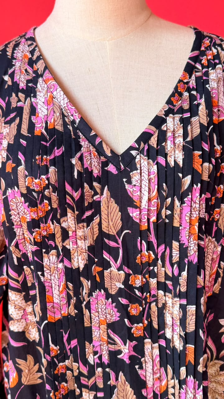 Sarah Lee Pleated Dress - Black Base with Dense Multi-Coloured Floral Print