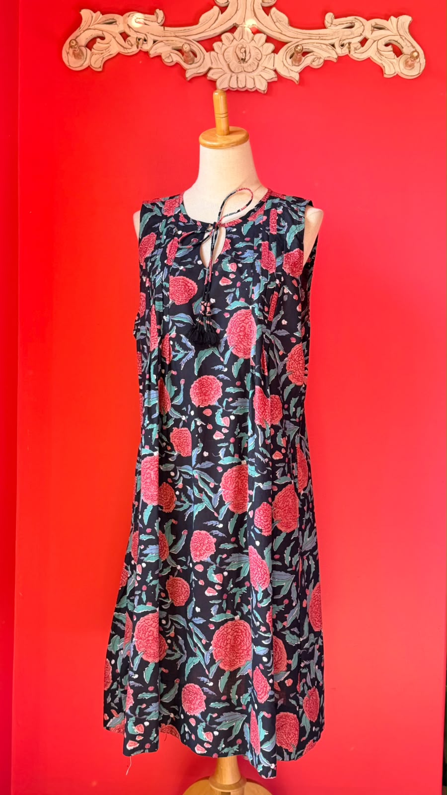 Ladies Nighties _ Bold Floral-Botanical Print on Black Background, Large Full Bloom Pink-to-Coral Chrysanthemum-Style Flowers Scattered Across The Fabric