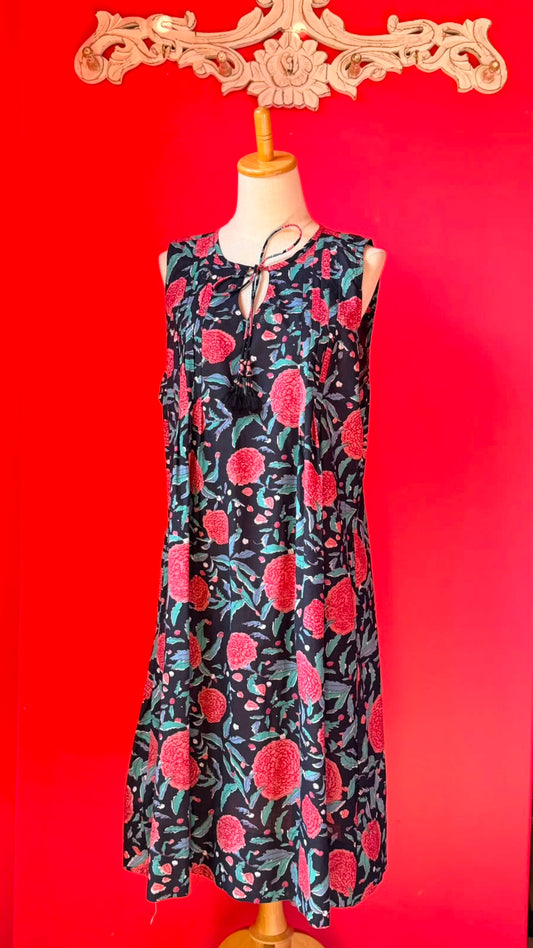 Ladies Nighties _ Bold Floral-Botanical Print on Black Background, Large Full Bloom Pink-to-Coral Chrysanthemum-Style Flowers Scattered Across The Fabric