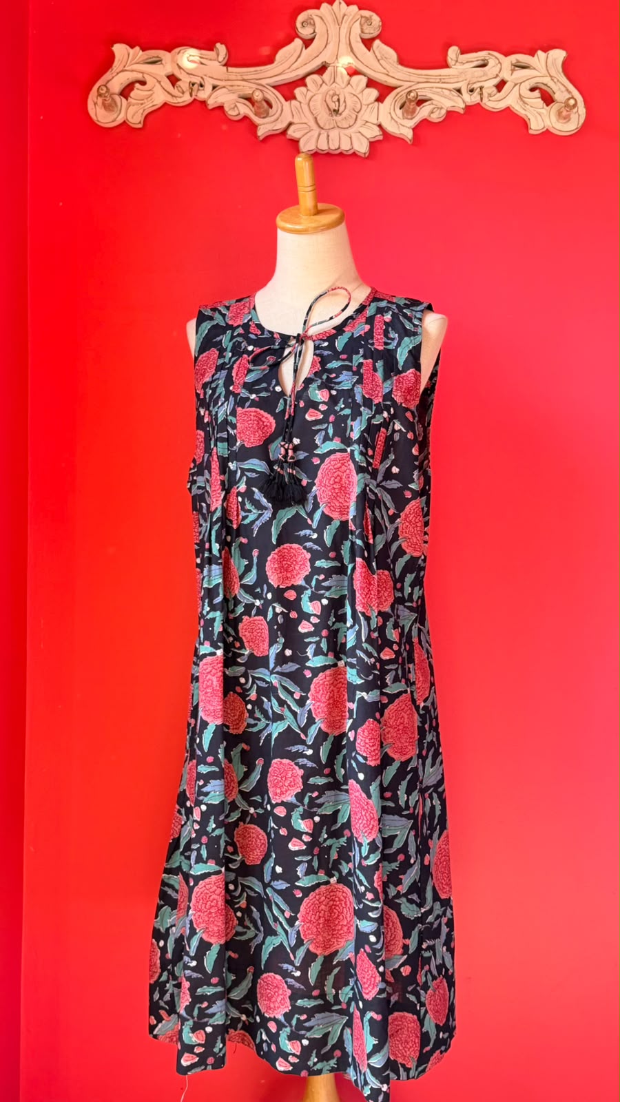 Ladies Nighties _ Bold Floral-Botanical Print on Black Background, Large Full Bloom Pink-to-Coral Chrysanthemum-Style Flowers Scattered Across The Fabric