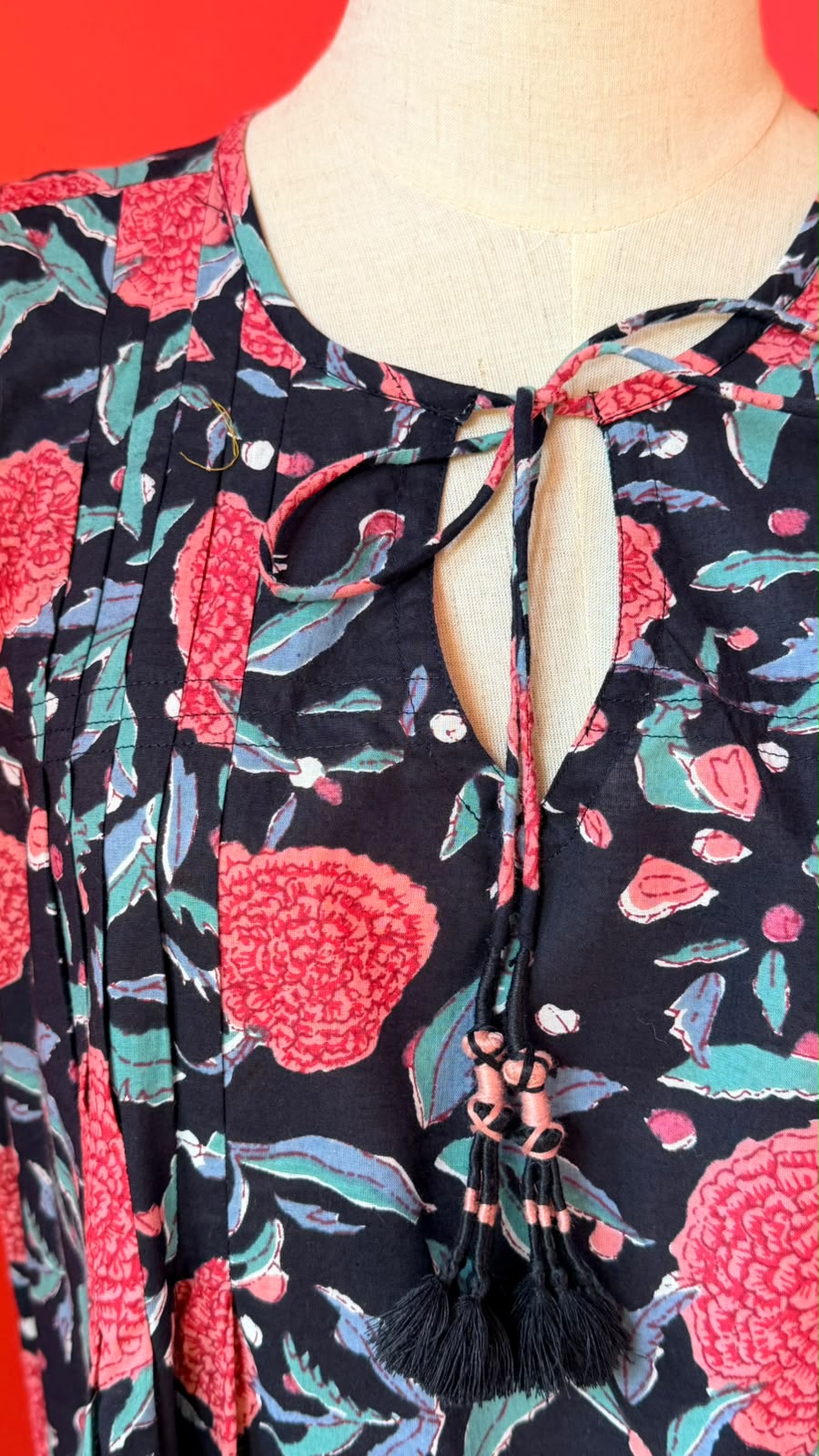 Ladies Nighties _ Bold Floral-Botanical Print on Black Background, Large Full Bloom Pink-to-Coral Chrysanthemum-Style Flowers Scattered Across The Fabric