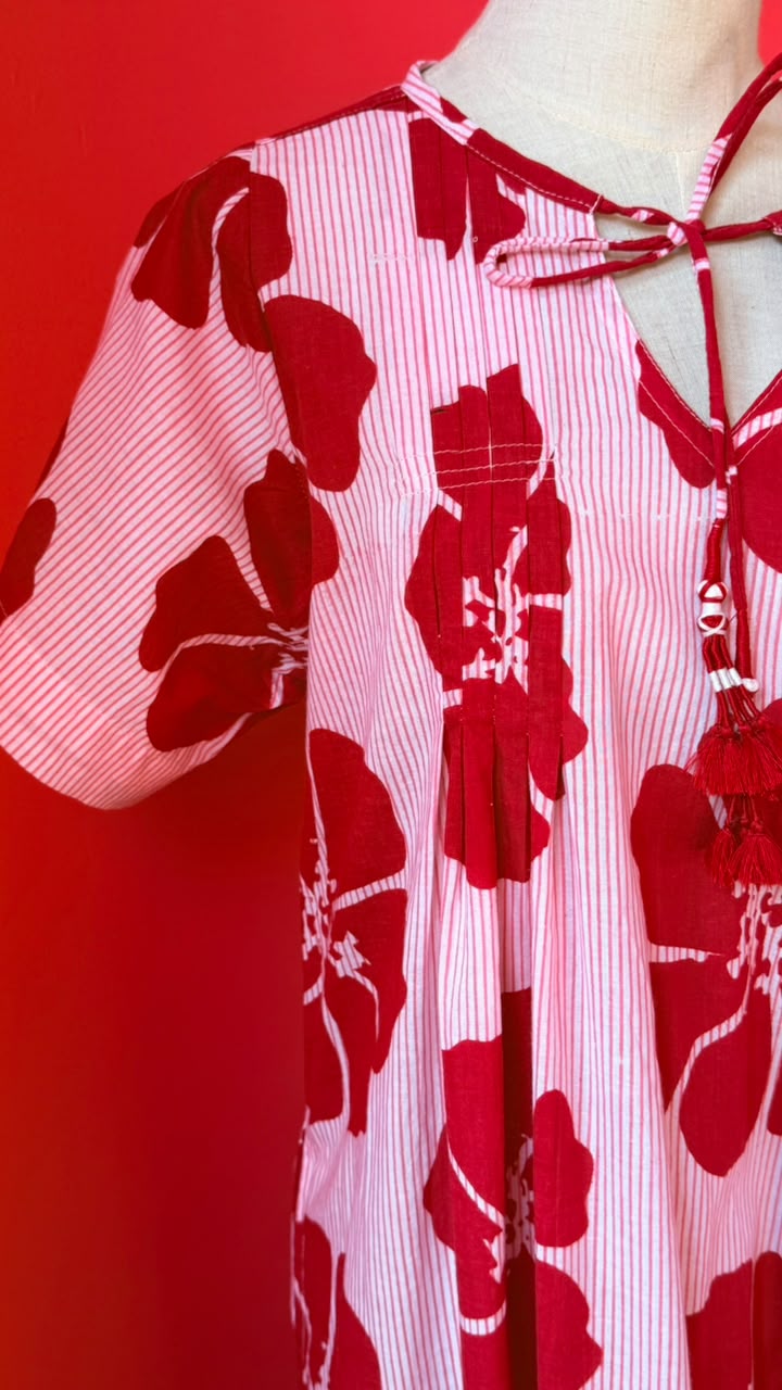 Dewy Dress - Bold Red Hibiscus Flowers on A White Base with Fine Vertical Pinstripes