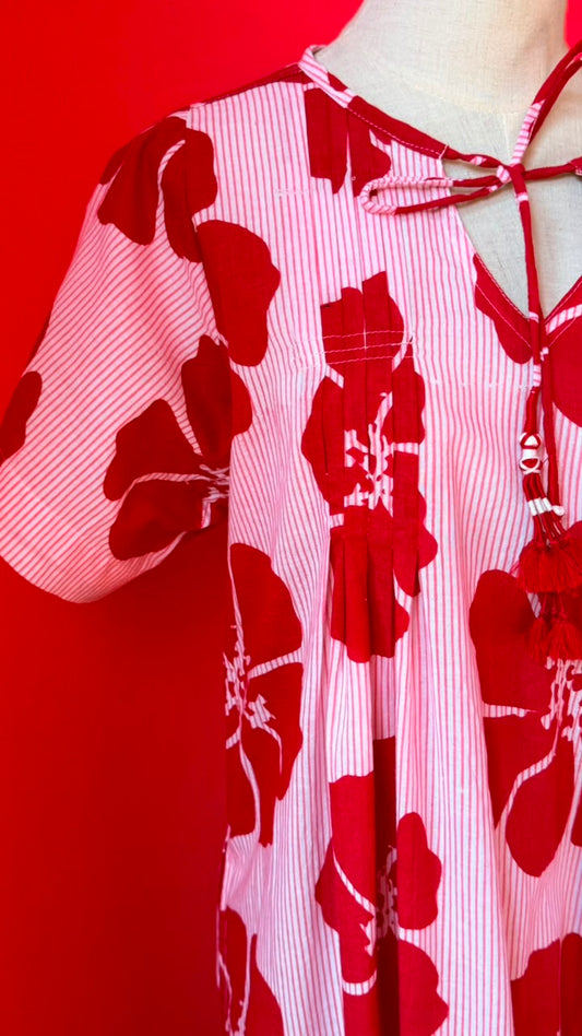 Dewy Dress - Bold Red Hibiscus Flowers on A White Base with Fine Vertical Pinstripes