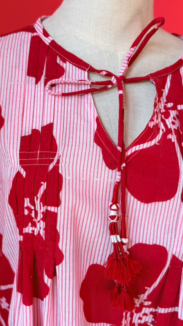 Dewy Dress - Bold Red Hibiscus Flowers on A White Base with Fine Vertical Pinstripes