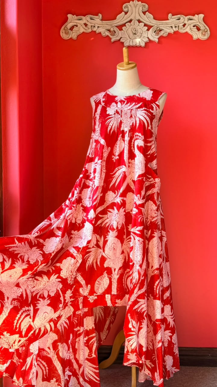 Bird Dress -  Bright Coral Base with Bold White-Cream Tropical Print, featuing Stylized Pineapple, Peacocks and Palm Fronds