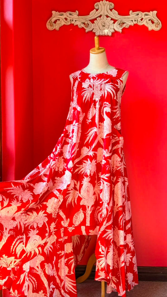 Bird Dress -  Bright Coral Base with Bold White-Cream Tropical Print, featuing Stylized Pineapple, Peacocks and Palm Fronds