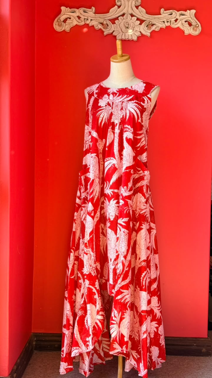 Bird Dress -  Bright Coral Base with Bold White-Cream Tropical Print, featuing Stylized Pineapple, Peacocks and Palm Fronds