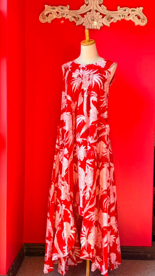 Bird Dress -  Bright Coral Base with Bold White-Cream Tropical Print, featuing Stylized Pineapple, Peacocks and Palm Fronds