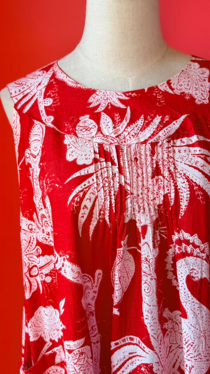 Bird Dress -  Bright Coral Base with Bold White-Cream Tropical Print, featuing Stylized Pineapple, Peacocks and Palm Fronds