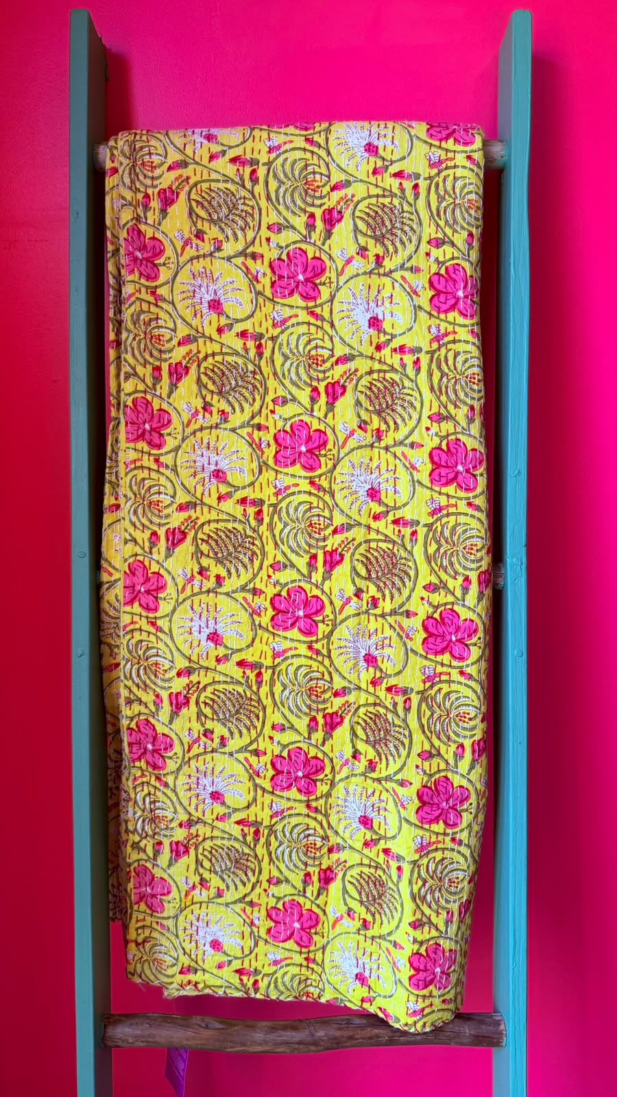 Bright Yellow with Pink Flowers and Golden Leaves