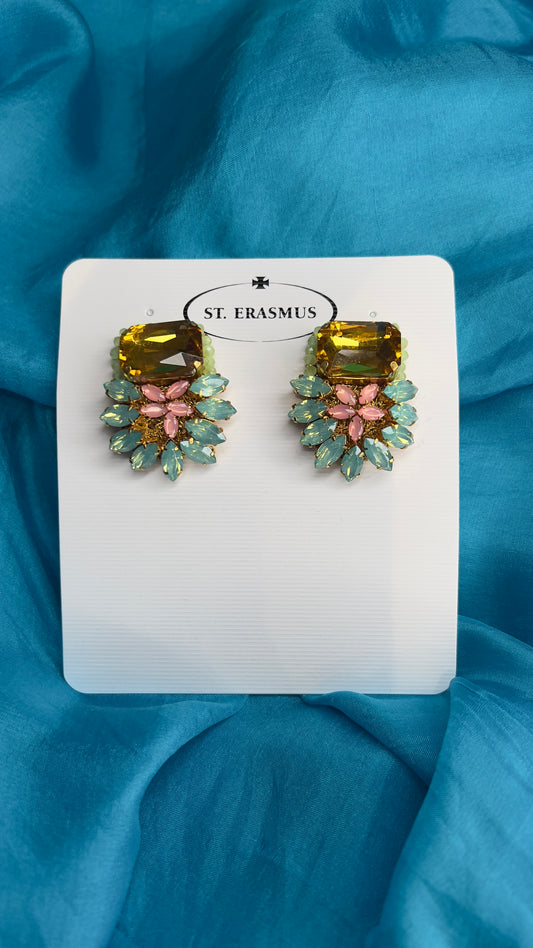 Claire Earrings - Yellow with Pink & Turquoise Petals