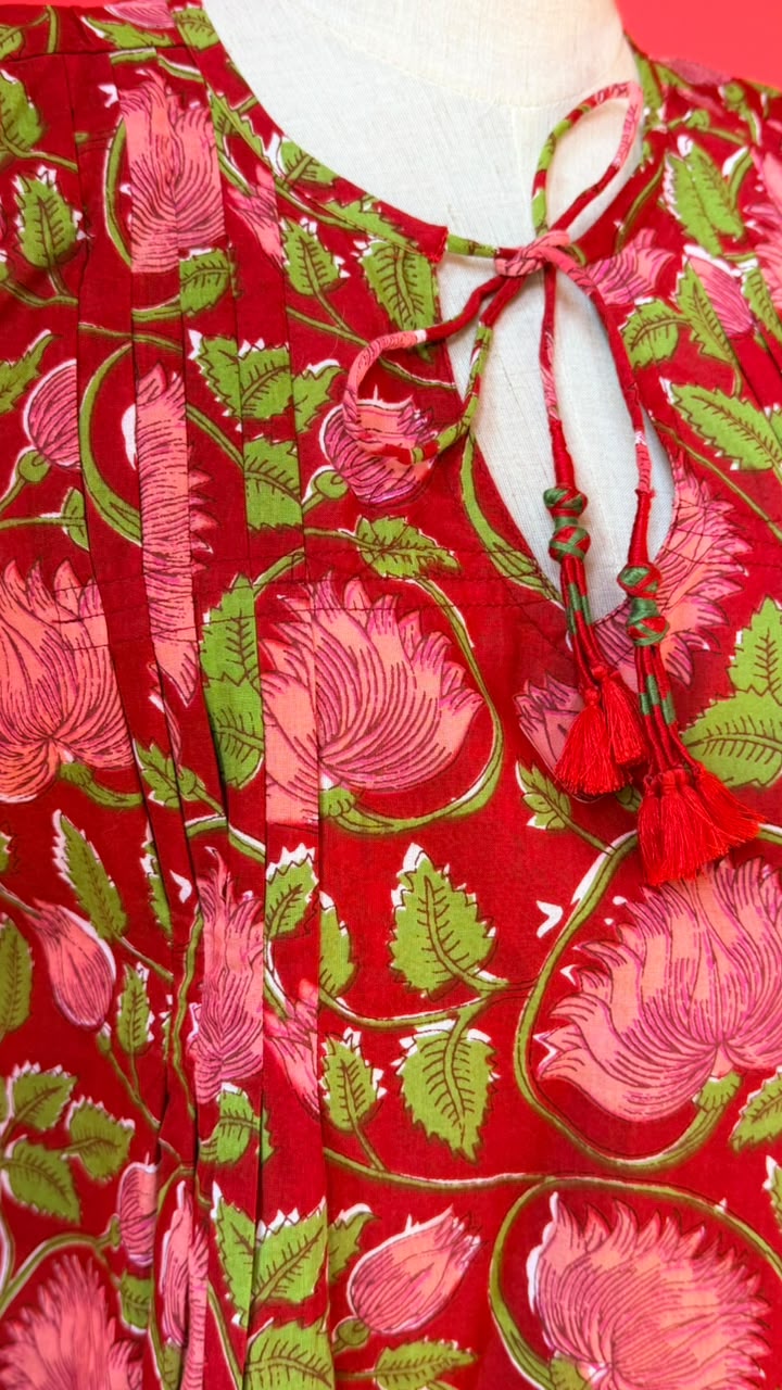 Ladies Nighties _ Classic Floral Vine Pattern in Red with Deeper Rose-Pink Stylized Flowers with Layered, Petal-Heavy Blooms, Connected by Swirling Green Stems and Leaves