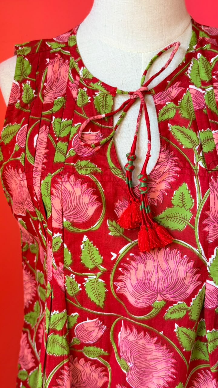 Ladies Nighties _ Classic Floral Vine Pattern in Red with Deeper Rose-Pink Stylized Flowers with Layered, Petal-Heavy Blooms, Connected by Swirling Green Stems and Leaves
