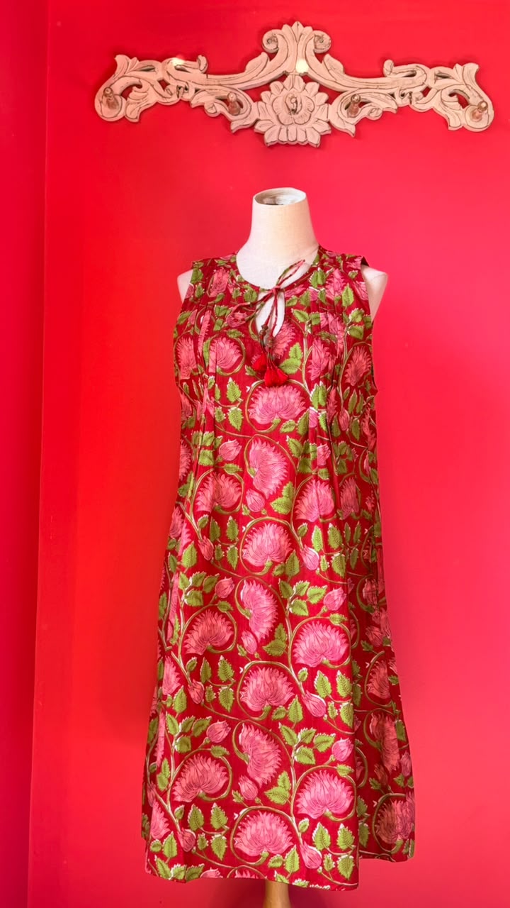 Ladies Nighties _ Classic Floral Vine Pattern in Red with Deeper Rose-Pink Stylized Flowers with Layered, Petal-Heavy Blooms, Connected by Swirling Green Stems and Leaves