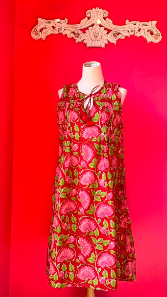 Ladies Nighties _ Classic Floral Vine Pattern in Red with Deeper Rose-Pink Stylized Flowers with Layered, Petal-Heavy Blooms, Connected by Swirling Green Stems and Leaves