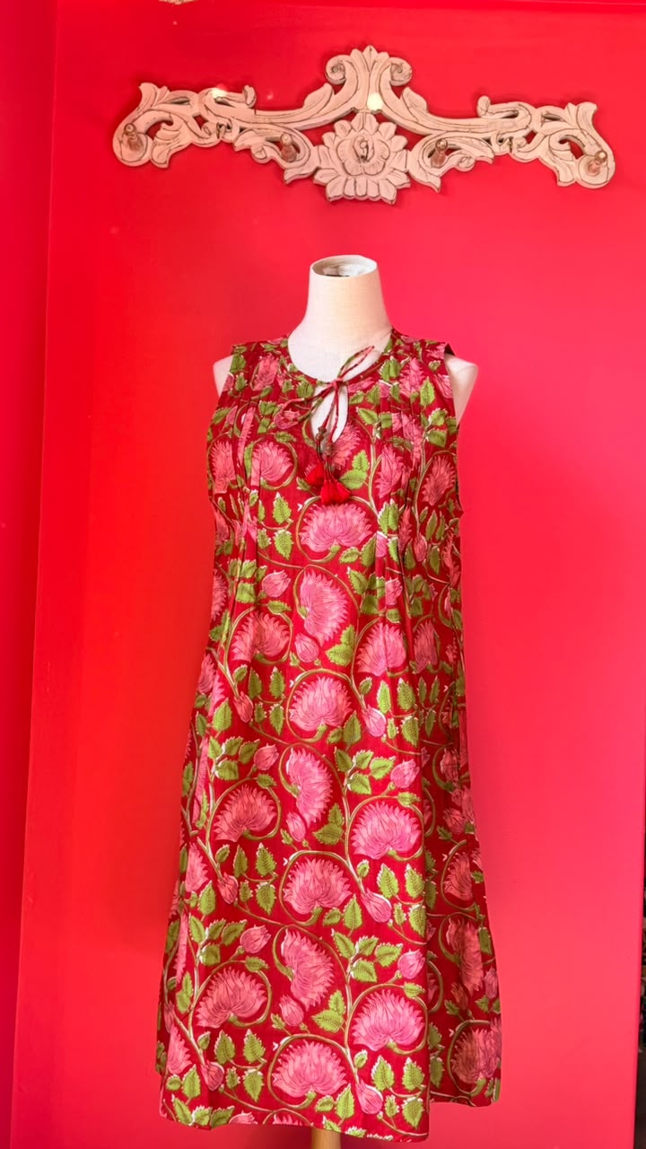 Ladies Nighties _ Classic Floral Vine Pattern in Red with Deeper Rose-Pink Stylized Flowers with Layered, Petal-Heavy Blooms, Connected by Swirling Green Stems and Leaves