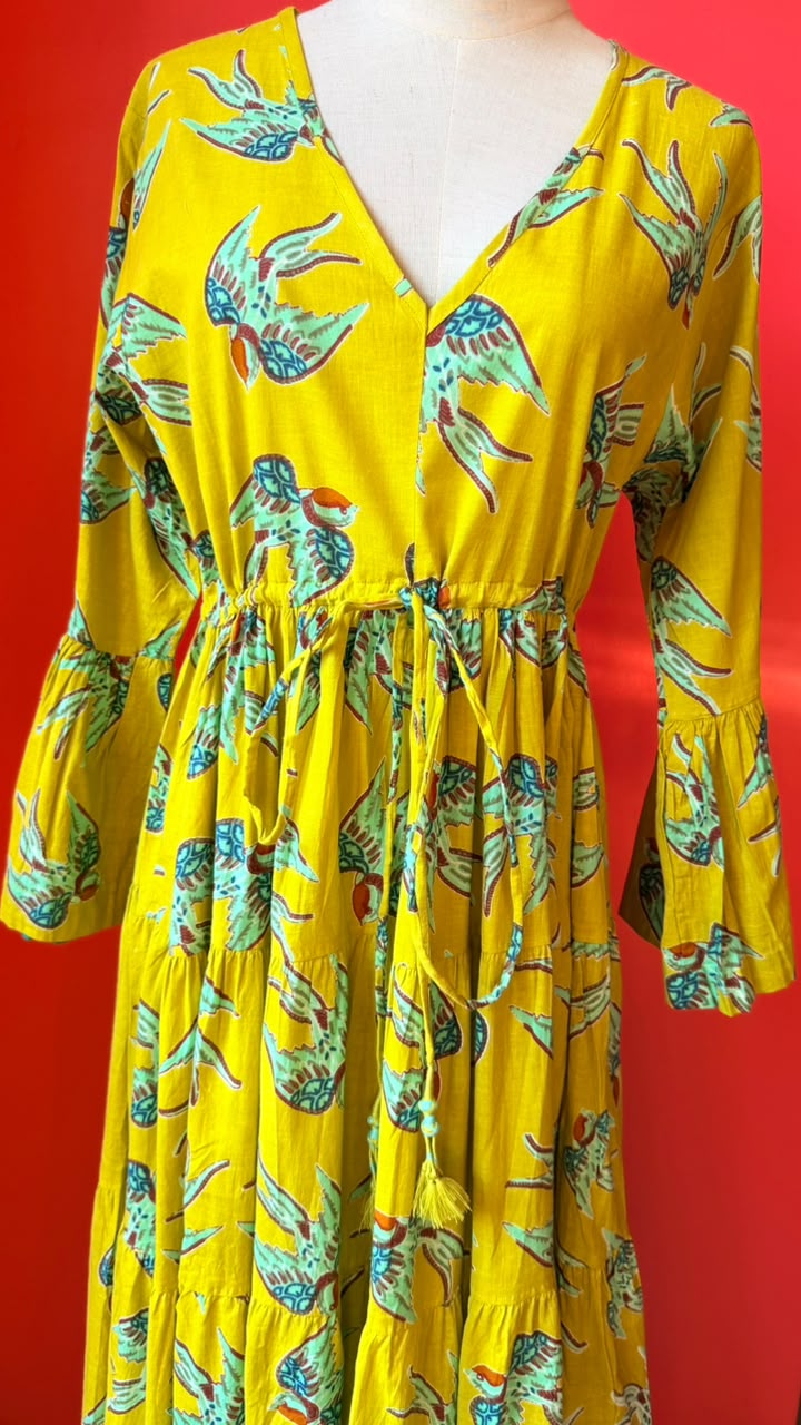 A yellow long-sleeve maxi dress with a blue and green bird print, displayed on a mannequin against a solid red background.