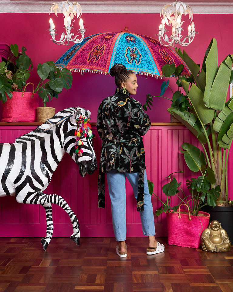 Chelsea Velvet Jacket - Black Zebra Print with Black Tiger King Lining