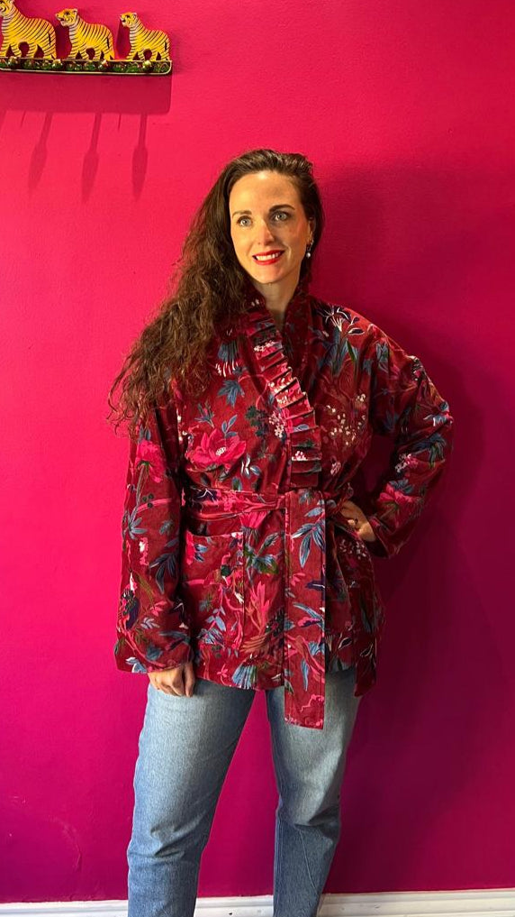 Chelsea Jacket -  Burgundy Bird with Hot Pink Stripe Lining
