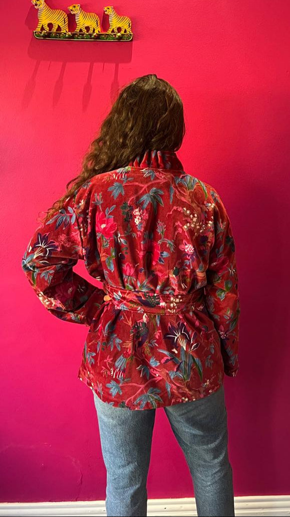 Chelsea Jacket -  Burgundy Bird with Hot Pink Stripe Lining