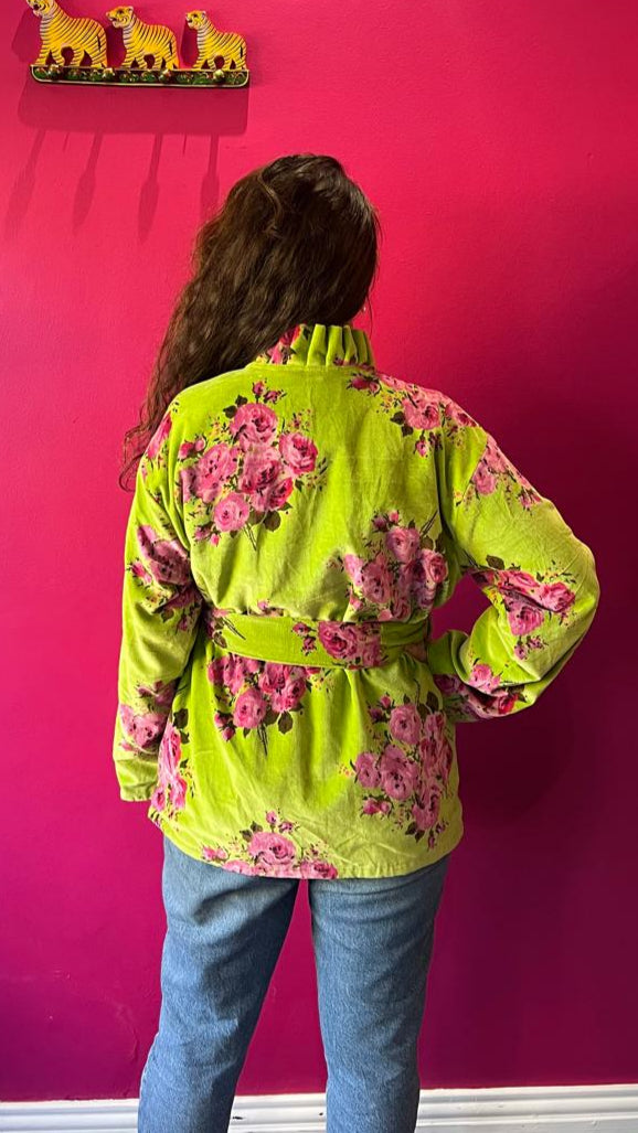 Chelsea Jacket -  Lime Green Garden Rose with Hot Pink Stripe Lining