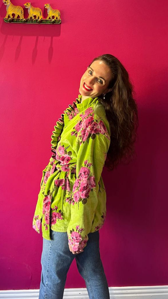 Chelsea Jacket -  Lime Green Garden Rose with Hot Pink Stripe Lining