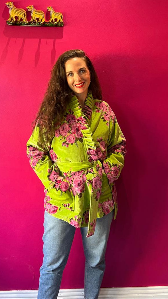Chelsea Jacket -  Lime Green Garden Rose with Hot Pink Stripe Lining