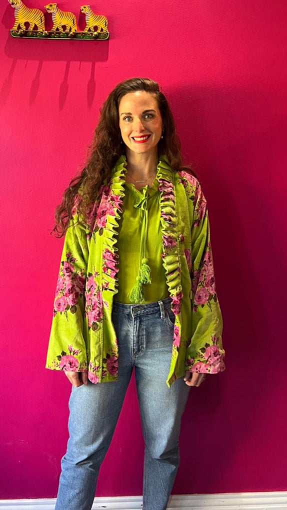 Chelsea Jacket -  Lime Green Garden Rose with Hot Pink Stripe Lining